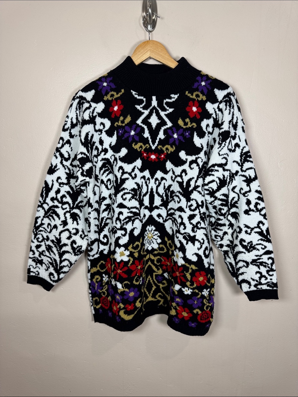 VTG Womens Knit Sweater Mock Neck Oversized L Floral 80s Funky Artsy Multicolor